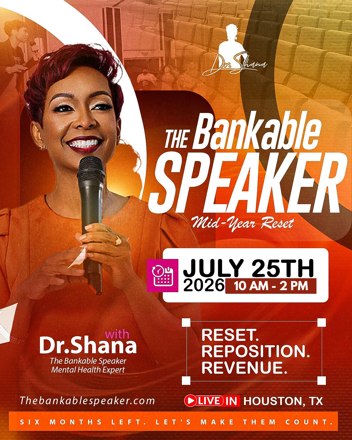 The Bankable Speaker Mid-Year Reset event flyer — July 25, 2026, 10AM – 2PM in Houston, TX